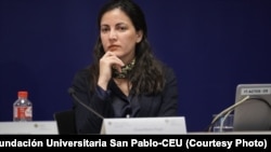 La activista cubana, Rosa María Payá, durante la jornada final del Congreso de Víctimas del Comunismo, en España. Abril, 2023. Foto cortesía: Fundación Universitaria San Pablo-CEU.