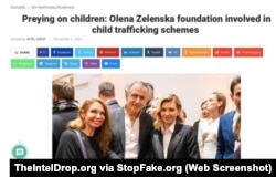 Captura de pantalla de TheIntelDrop.org: “Cazando los niños: la fundación de Olena Zelenska está involucrada en el tráfico de menores”.