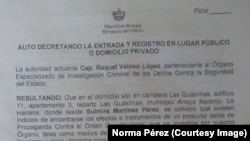 Orden para registrar la casa de Sulmira Martínez Pérez