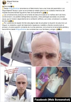 Post en Facebook del periodista oficialista Miguel Reyes sobre el fallecimiento de Bartoló Tamayo.