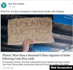 "Buscamos nuestros sueños", reza el cartel de un migrante cubano varado en la frontera de Costa Rica con Panamá. (Facebook/The Tico Times)