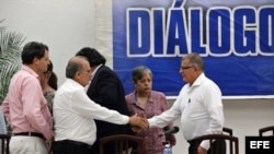 El jefe del equipo negociador del Gobierno de Colombia, Humberto de la Calle (i) saluda al comandante de las FARC, Rodrigo Granda (d) durante la lectura de un comunicado conjunto en La Habana.