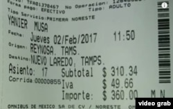 Billete Reynosa-Nuevo Laredo comprado por uno de los cubanos desaparecidos.