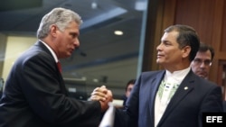 El primer vicepresidente de Cuba, Miguel Díaz-Canel, saluda al presidente de Ecuador, Rafael Correa (i-d). Archivo.