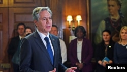 El secretario de Estado Antony Blinken en Nueva York, hablando en el Instituto Ucraniano de América, el 19 de mayo de 2022. (Reuters/Andrea Renault).