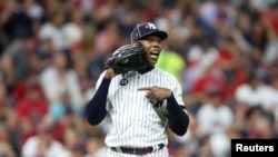 El cubano Aroldis Chapman, pitcher de los New York Yanquis conocido como El Misil, debido a la velocidad de sus lanzamientos. (Charles LeClaire-USA Today Sports).