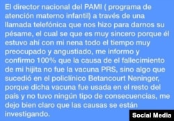 El mensaje de Instagram en el cual Yaima Caballero Peralta cuenta que recibió la llamada del director del Programa de Atención Materno Infantil (PAMI), el Dr. Roberto Alvarez Fumero.