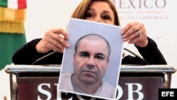 La titular de la Procuraduría General de la República, Arely Gómez, muestra una foto de Joaquín "El Chapo" Guzmán. 