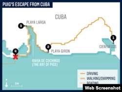 Mapa con el itinerario de Puig y sus compañeros desde Cienfuegos hasta el punto de encuentro con los traficantes de personas (ESPN Mag)..