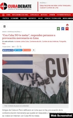 Cubadebate, publicación oficialista celebra vandalismo a pancarta que exigía respeto a los Derechos Humanos en Cuba, ubicada en Lima, Perú.