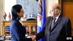 José Miguel Insulza estrecha la mano de la vicepresidenta y canciller de Panamá, Isabel Saint Malo