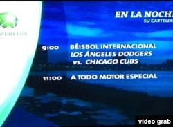 Cartelera de Tele Rebelde sobre el primer partido Dodgers-Cachorros de la SCLN, en el que brilló Yasiel Puig.