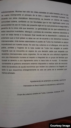 La carta enviada a Obama por los migrantes cubanos varados en Turbo. (Facebook Martí Noticias)