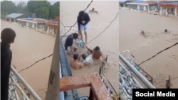 Vecinos rescatan a un anciano atrapado en las inundaciones en San Antonio del Sur. (Captura de video/Facebook)