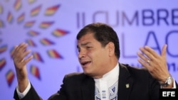 El presidente de Ecuador, Rafael Correa, habla hoy, martes 28 de enero de 2014, durante una entrevista con la cadena Telesur.