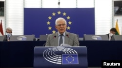 Josep Borrell, vicepresidente de la comisión europea encargada de coordinar la acción exterior de la Unión Europea, pronuncia un discurso en el Parlamento Europeo, en Estrasburgo, Francia, el 8 de junio de 2021. Jean-Francois Badias / Pool via REUTERS