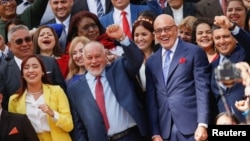 El presidente de la Asamblea Nacional de Venezuela, Jorge Rodríguez, el asambleísta y vicepresidente del PSUV, Diosdado Cabello, el primer vicepresidente Pedro Infante y la segunda vicepresidenta América Pérez tras la apertura del período legislativo de 2023.