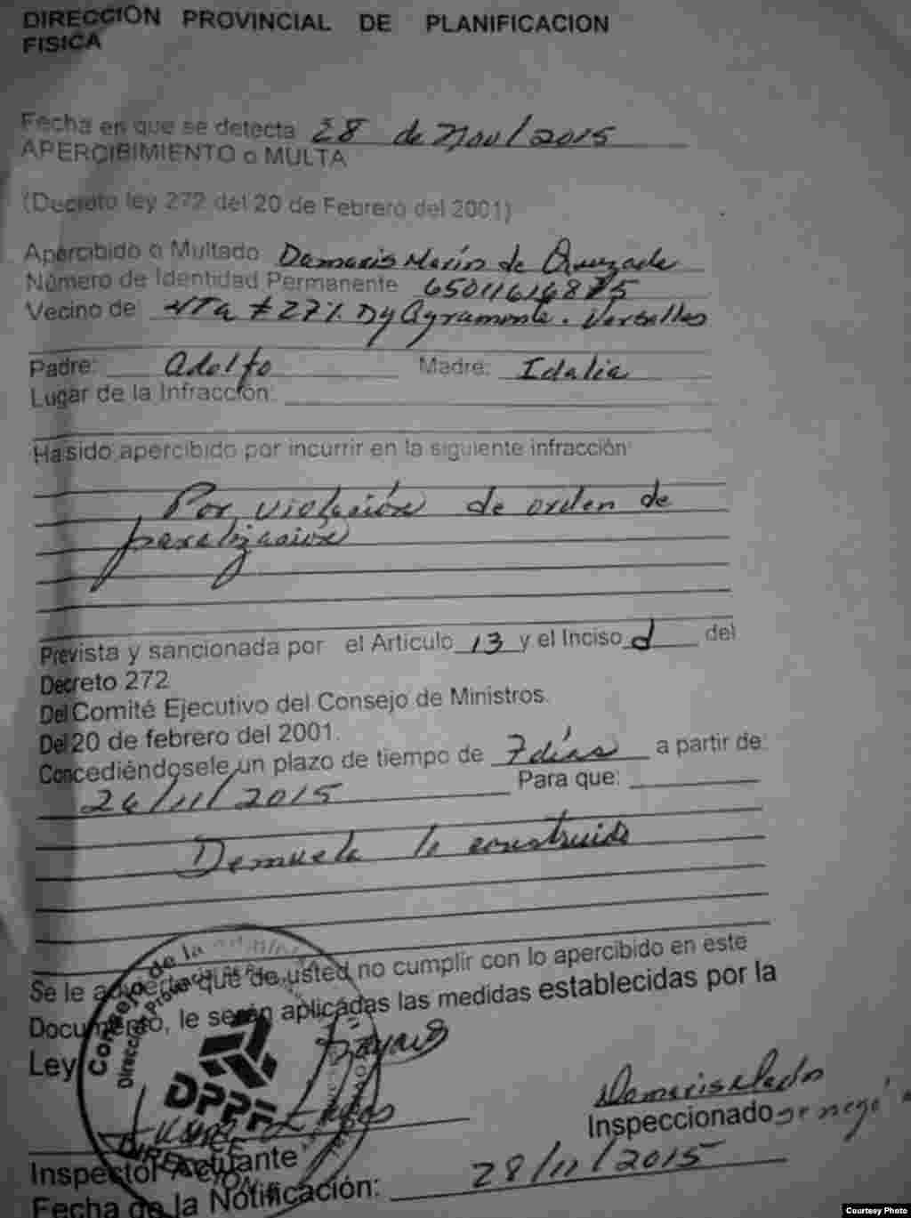 Planificación Física en Camagüey multa a Damaris de Quesada por &quot;violación de orden de paralización&quot;.